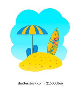 Sandy beach with umbrella, sandals and a surfboard