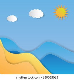 Sandy beach under the bright sun. Vector background