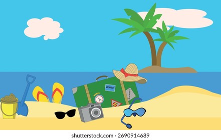 Sandstrand mit Ferienanlagen und eine Insel mit Palmen im Hintergrund	

