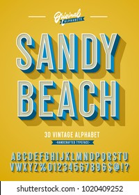 "Sandy Beach" Vintage 3d Stylish Alphabet. Retro Typeace with Good Vibes. Vector Illustration