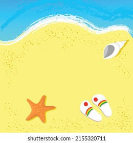 Sandy beach with wave, starfish and shell and space for text in the center.	
