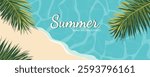 Sandy beach with waves and palm leaves. Summer vector illustration of summer beach with palm leaves, top view. Summer sale background, banner, flyer, poster, greeting card.