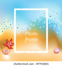 Sandy beach with waves, starfish and shells. Mussels, barnacles and starfish frame for photos and postcards. Illustration for travel and summer vacations.