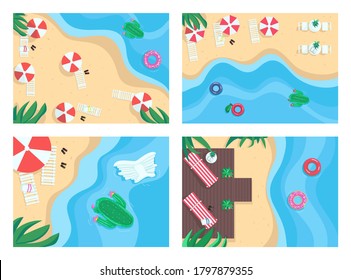 Sandy beaches flat color vector illustration set. Tropical holidays. Summer recreation places. Inflatables and beach parasols. 2D cartoon landscape with nature on background collection