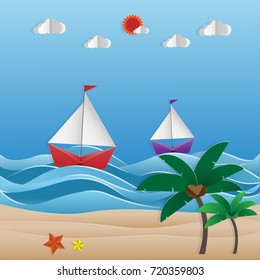 Sandy beaches and sailing boats floating in the sea. illustration.Vector