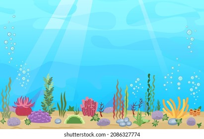 Sandy bottom of the reservoir. Blue transparent clear water. Sea ocean. Underwater landscape with plants, algae and corals. Illustration in cartoon style. Flat design. Vector art.