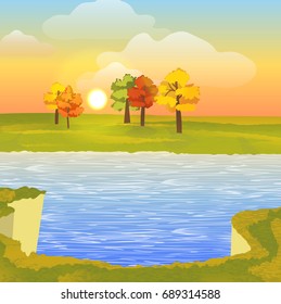 Sandy break above the lake. River bank, meadow and autumn trees. Sunset or dawn sun, sky, clouds. Summer or autumn vector landscape, can be used in newsletter, brochures, postcards, banner