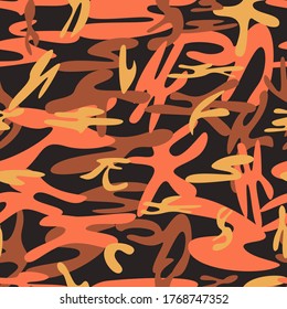 
Sandy camouflage with narrow orange, brown and yellow abstract spots, seamless vector pattern.