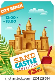 Sandy castle competition poster with date and time event advertising realistic vector illustration 