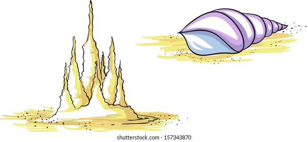 Sandy castle and sea cockleshell. Vector, pale color palette 