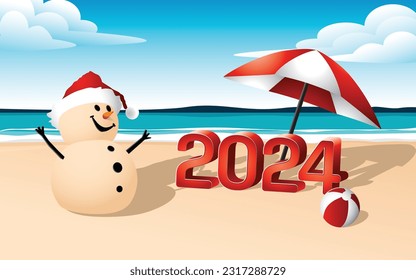 Sandy Christmas Snowman celebra un Feliz Año Nuevo en una hermosa playa con el texto del 2024 3d, concepto para el año nuevo 2024