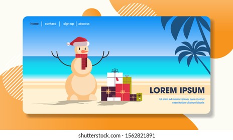 sandy christmas snowman with gift present boxes happy new year vacation holiday celebration concept tropical beach seascape background full length flat horizontal copy space vector illustration
