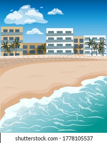 Sandy city beach. Sea coast and hotel buildings. Sea view of the city. Summertime, rest, vacation. Flat color vector illustration.
