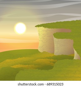 Sandy cliff covered with green grass, above the meadow. Sunset or dawn sun, sky, clouds. Summer or autumn vector landscape, can be used in newsletter, brochures, postcards, banner