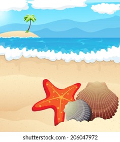 Sandy coast and foaming waves with cockleshells and starfish 