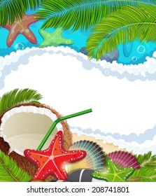 Sandy coast and foaming waves with palm branches, coconut cocktail and  starfishes 