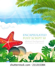 Sandy coast and foaming waves with palm branches, cockleshells and starfish 