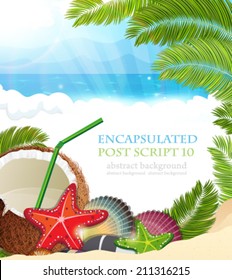Sandy coast and foaming waves with palm branches, coconut cocktail and  starfishes 