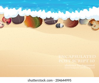 Sandy coast and foaming waves with pebble and seashells