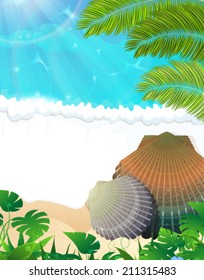 Sandy coast and foaming waves with seashells and palm branches
