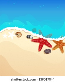 Sandy coast and foaming waves with starfishes, stones and cockleshell