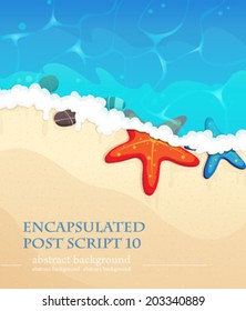 Sandy coast and foaming waves with starfishes, and sea pebble