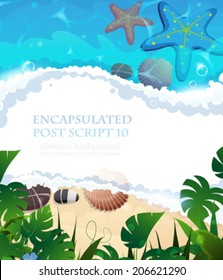 Sandy coast and foaming waves with starfishes, shells  and tropical vegetation
