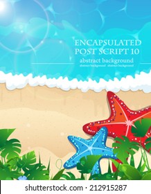 Sandy coast and foaming waves with starfishes and tropical vegetation