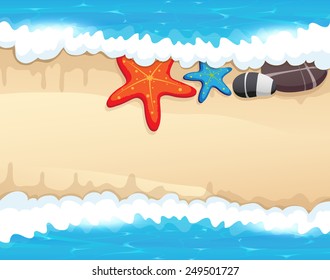 Sandy coast and foaming waves with starfishes, and sea pebble