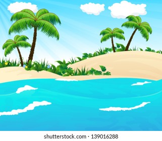 Sandy coast with palm trees and tropical vegetation. View from the sea