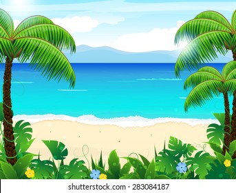 Sandy coast with palm trees and tropical vegetation