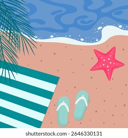 sandy coastline with flip flops, towel and star fish. top view resort scene