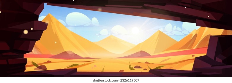 Sandy desert with ancient pyramids, view from dark stone cave. Vector cartoon illustration of antique pharaoh tombs, sand dune landscape under hot summer sun in blue sky. Adventure game background