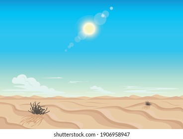 Sandy Desert, Blue Sky, Bright Sun And Clouds On The Horizon. Landscape Horizontal Background. Vector Illustration.