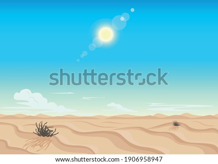 Sandy desert, blue sky, bright sun and clouds on the horizon. Landscape horizontal background. Vector illustration.