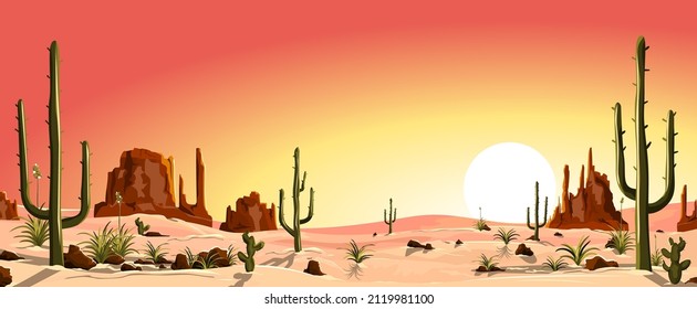 Sandy desert with cacti. Mountains and stones. Sunset in the desert. Silhouettes of stones, cacti and plants.