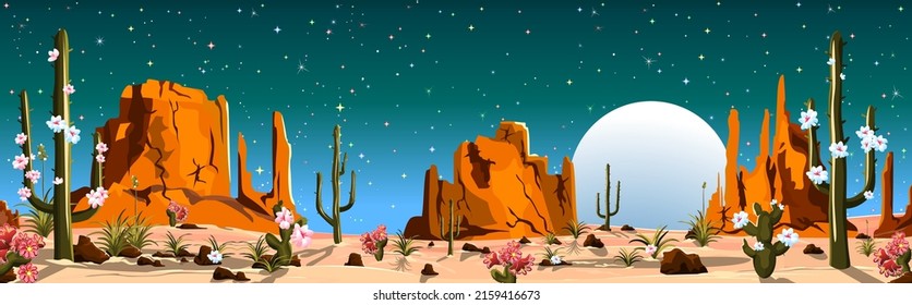 Sandy desert with cacti. Mountains and stones. Night in the desert. Moonlight. Stars on the sky.