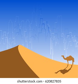 sandy desert. camel. shadow on the sand. Mirage city