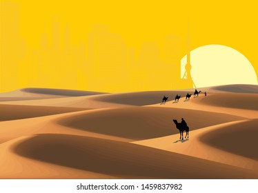Sandy desert, caravan in the desert. Ghost town in the desert. Sunrise over the sand dunes. Vector illustration
