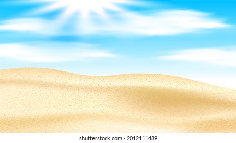 Sandy Desert With Dunes And Shining Sun Vector. Sand Desert And Sunshine In Cloudy Sky, Hot Summer Weather Extreme Nature. High Temperature Extremal Dry Landscape Realistic 3d Illustration