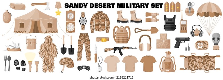 Sandy Desert Khaki Camouflage Military Set With Soldier Uniform, Khaki Camouflage, Army Equipment, Assault Rifle, Etc. Military Concept For Army, Soldiers And War. Vector Cartoon Isolated Illustration