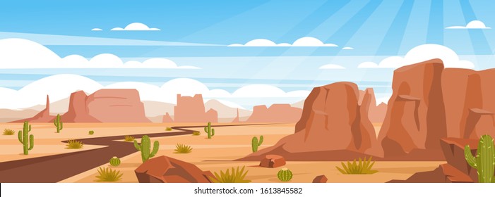 Sandy desert landscape colorful flat vector illustration. Empty valley with rocks, crags and green cactuses. Dry land with draughts and hot climate. Arizona beautiful panoramic view.