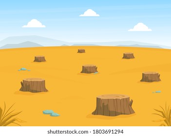 Sandy Desert Landscape with Many Stumps, Deforestation, Drought, Global Warming Conept Vector Illustration