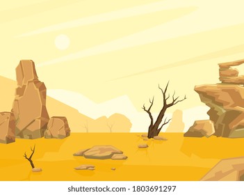 Sandy Desert Landscape with Mountains and Lonely Dead Tree, Drought, Global Warming Conept Cartoon Vector Illustration