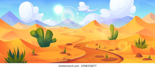 Sandy desert landscape with road perspective. Vector cartoon illustration of yellow terrain with sand dunes, pyramids, green cactus, stones on footpath, clouds in sunny sky, travel adventure backdrop