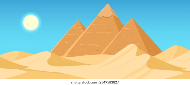 Sandy Wüste Landschaft. Blick auf die Sandwildnis, Dünen und Sandpyramiden, Landschaft, flache Vektorhintergrundgrafik. Cartoon Wüstenansicht