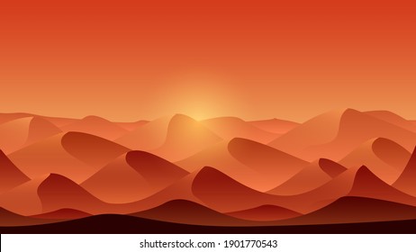 Vector de paisaje arenoso del desierto Ilustración con dunas de arena. Atardecer en el desierto. Se puede usar para viajes, recreación al aire libre y conceptos de vacaciones.