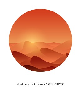Vector paisajístico del desierto arenoso Ilustración con dunas de arena en marco redondo. Atardecer en el desierto. Se puede usar para viajes, recreación al aire libre y conceptos de vacaciones.
