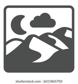 Sandy desert night landscape solid icon, arabian desert concept. Vector graphics. Desert picture with moon and sky cloud sign on white background, glyph style icon for mobile or web design