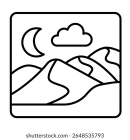 Sandy desert night landscape thin line icon, arabian desert concept. Vector graphics. Desert picture with moon and sky cloud sign on white background, style mobile or design